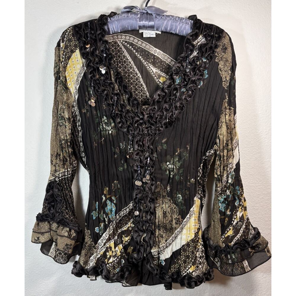 Dressbarn Women's XL Button Up Y2K Gothic Fairy Velour Beaded Ruffle Long Sleeve